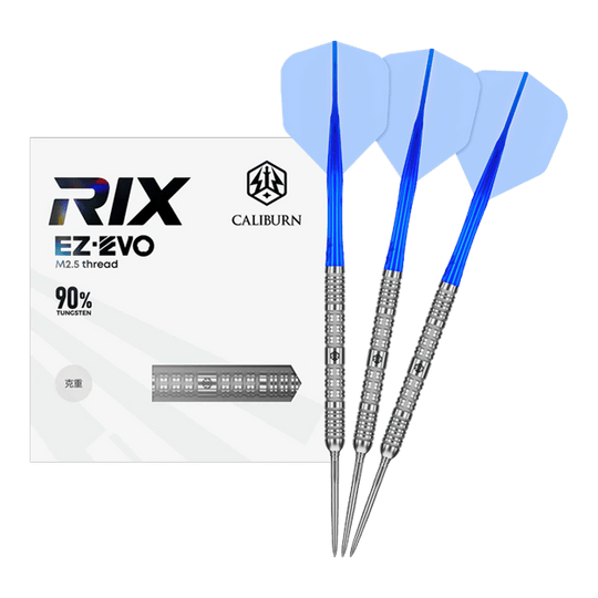 Caliburn Rix EZ-EVO R1 steel darts Das Bild zeigt das vollständige Set der Caliburn Rix EZ-EVO R1 Steeldarts. Es handelt sich um professionelle Steeldarts für ambitionierte Spieler.