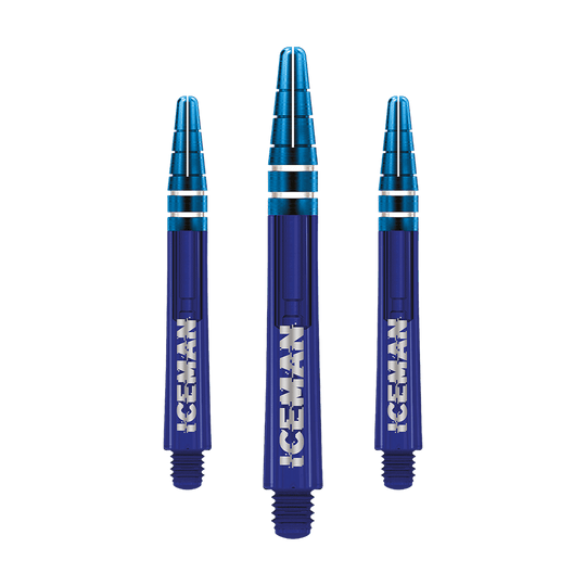 C812_Red_Dragon_Nitrotech_Gerwyn_Price_Blue_Shafts_48mm_1 Das Bild zeigt drei blaue Darts-Schäfte mit silbernen Akzenten. Auf jedem Schaft steht das Wort "ICEMAN" in weißen Buchstaben.