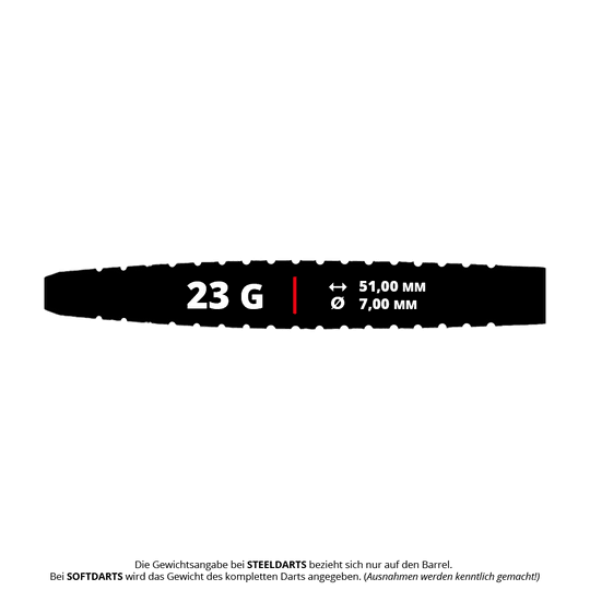 Dynasty Fallon Sherrock 4 AFlow BK Steel Darts - With Autograph - 23g Das Bild zeigt einen Dart-Barrel mit den Angaben 23 Gramm Gewicht, 51,00 mm Länge und 7,00 mm Durchmesser. Unten steht eine Information, dass sich das Gewicht bei Steeldarts nur auf den Barrel bezieht.