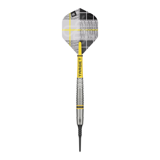 Target Scott Williams GEN2 soft darts - 18g Das Bild zeigt einen Target Scott Williams GEN2 Softdart mit einem Gewicht von 18g. Der Dart hat gelbe Akzente und ein modernes, silberfarbenes Barrel-Design.