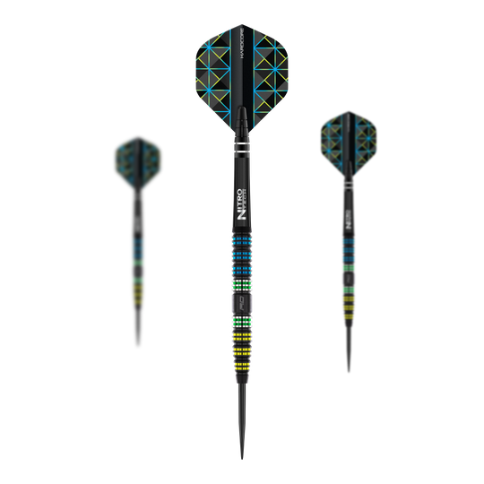 Auf dem Bild sind drei Steeldarts des Modells "Red Dragon Dragonfly 95 Black Tapered" zu sehen. Die Darts haben ein schwarzes, bunt gemustertes Design mit farbigen Ringen am Griff und geometrischen Mustern auf den Flights.