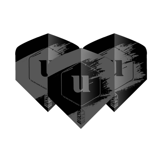 Das Bild zeigt drei graue Dart-Flights der Marke Unicorn Ultrafly 100 Team Unicorn Big Wing. Auf jedem Flight ist ein großes "u" und ein modernes Design mit weißen Akzenten zu sehen.