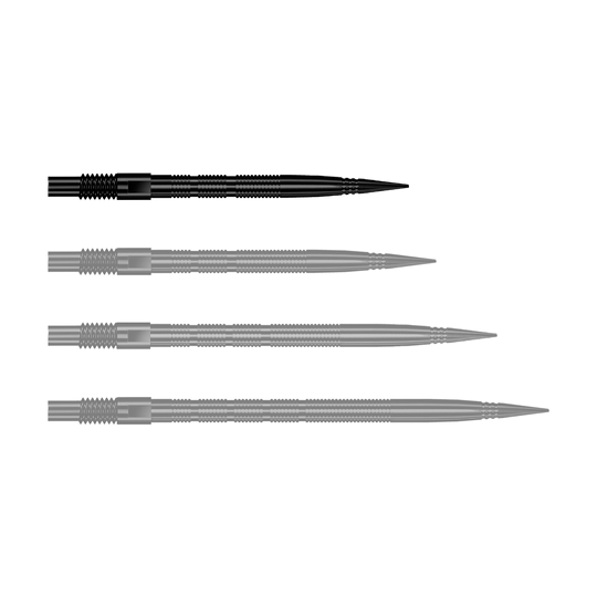 Zu sehen ist eine einzelne schwarze Dartspitze mit Rillenmuster. Dieses Produkt ist als Ersatzspitze für Dartpfeile gedacht.