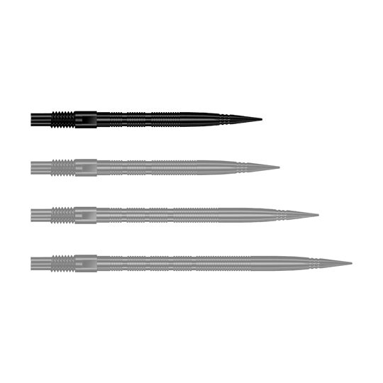 Harrows Quick Point Micro Ridge Dart Tips - Black Zu sehen ist eine einzelne schwarze Dartspitze mit Rillenmuster. Dieses Produkt ist als Ersatzspitze für Dartpfeile gedacht.