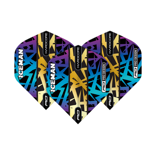 TF6826_Red_Dragon_Hardcore_Gerwyn_Price_Rainbow_Gold_Standard_Flights_1MLj8fvHCPMZGT Das Bild zeigt die Red Dragon Hardcore Gerwyn Price Rainbow Gold Standard Flights. Die Flights haben ein buntes, grafisches Design mit den Worten "ICEMAN" und "HARDCORE" darauf.
