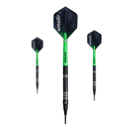 Unicorn Wraith James Wade Softdarts mit einem Gewicht von 19 Gramm sind auf dem Bild zu sehen. Die Darts sind speziell für Softdartspieler entwickelt.