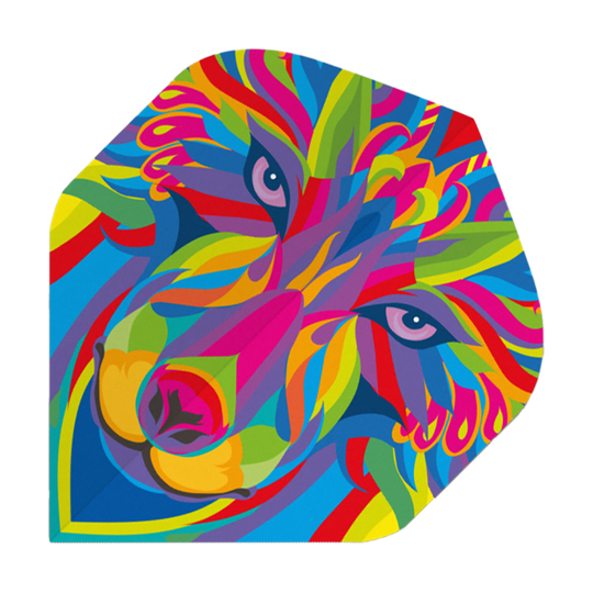 Das Bild zeigt ein Dart-Flight mit einem bunten Wolfsgesicht. Die Farben sind sehr auffällig und in einem modernen, abstrakten Stil gehalten.
