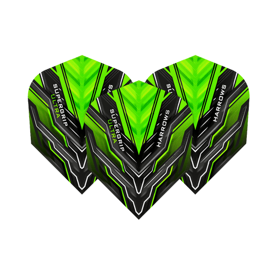HR11_Harrows_Supergrip_Ultra_Green_Standard_Flights_1FVdoh6L0Plpu7 Das Bild zeigt drei grüne Dart-Flights der Marke Harrows mit dem Namen "Supergrip Ultra". Das Design ist modern und auffällig mit schwarzen und grünen Akzenten.