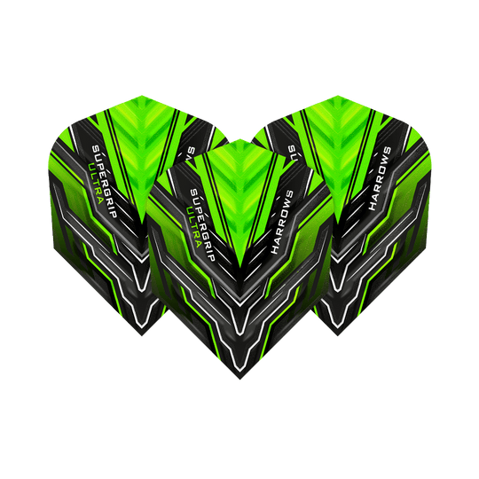HR11_Harrows_Supergrip_Ultra_Green_Standard_Flights_1FVdoh6L0Plpu7 Harrows Supergrip Ultra Green Standard Flights in prominenter Anordnung. Die Details des Sets sind klar sichtbar.