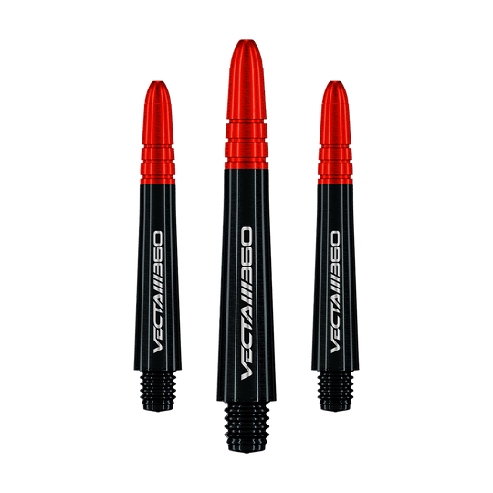 Winmau Vecta Blade 360 Shafts - Black Zu sehen ist ein Satz Winmau Vecta Blade360 Shafts in Schwarz mit 40 mm Länge. Die Shafts sind nebeneinander aufgestellt.