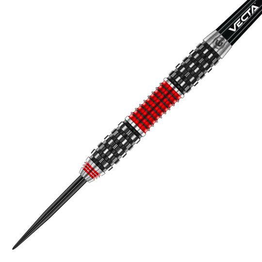 Winmau Joe Cullen Rockstar Series RS1 steel darts Auf dem Bild ist der Winmau Joe Cullen Rockstar Series RS1 Steeldart zu sehen. Der Dart hat ein schwarzes und rotes Griffmuster mit metallischen Akzenten.