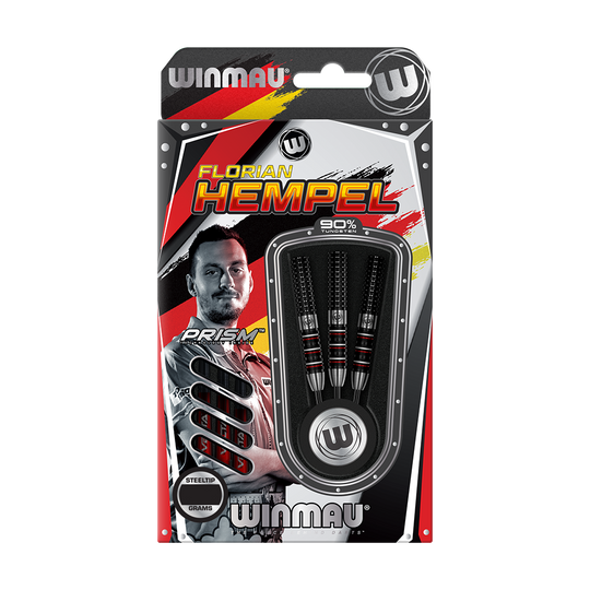 1491_Winmau_Florian_Hempel_Steeldarts_3 Auf dem Bild ist eine Verpackung der "Winmau Florian Hempel Steeldarts" zu sehen. Die Verpackung zeigt drei Steeldarts und ein Foto von Florian Hempel.