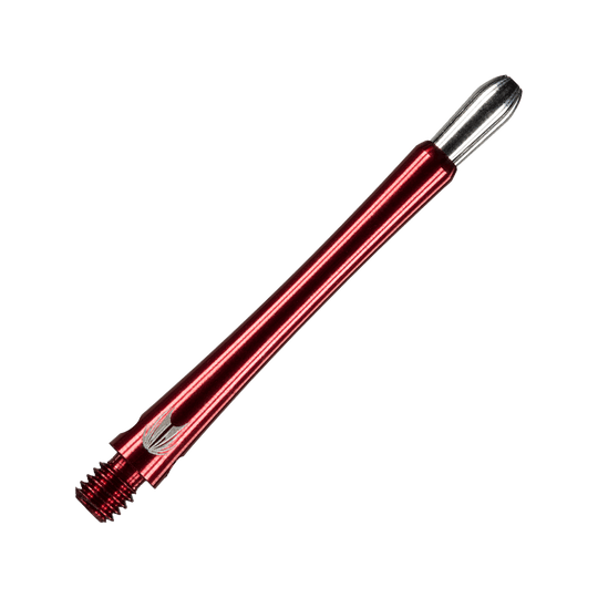 Das Bild zeigt einen roten Aluminium-Dartshaft im Grip-Stil. Das Produkt hat ein glänzendes Finish und ein silbernes Ende.