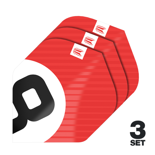 Target Pro Ultra Chicane Red No2 Standard Flights - 3 sets Das Bild zeigt drei Sätze der Target Pro Ultra Chicane Red No2 Standard Flights. Die Flights sind überwiegend rot mit einem weißen und schwarzen Design und werden als 3er-Set angeboten.