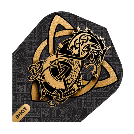 Shot Viking Wolf No. 6 Flights Das Bild zeigt das Produkt "Shot Viking Wolf No6 Flights" mit einem goldenen Wikinger-Wolf Design auf schwarzem Hintergrund. Im Hintergrund sind feine, keltische Muster zu sehen und unten links steht das Wort "SHOT".