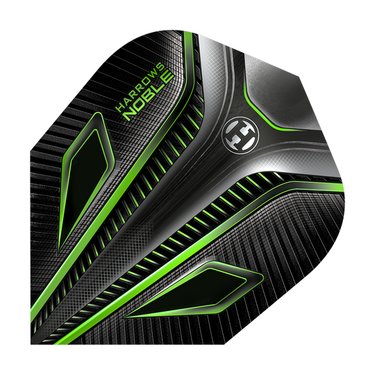 HR8_Harrows_Noble_Green_Standard_Flights_1NHftIOS72ZYpN Dies ist ein Harrows Noble Green Standard Flight für Dartpfeile. Das Design ist schwarz mit auffälligen grünen Akzenten und modernen Mustern.