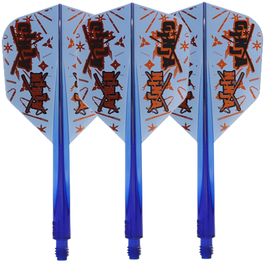 Auf dem Bild sind drei blaue Dartflights mit dem Namen "Condor Axe Ginja Ninja Matt Campbell Flight-Shaft - Small" zu sehen. Die Flights haben ein auffälliges Design mit orangen und schwarzen Mustern.