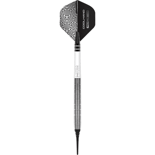 RD2505_Red_Dragon_Luke_Humphries_TX1_Softdarts_1KUeopzW1DNRUU Das Bild zeigt einen Softdart des Modells "Red Dragon Luke Humphries TX1" mit einem Gewicht von 20 Gramm. Der Dart hat ein silbernes Griffstück und ein schwarz-weiß gemustertes Flight.