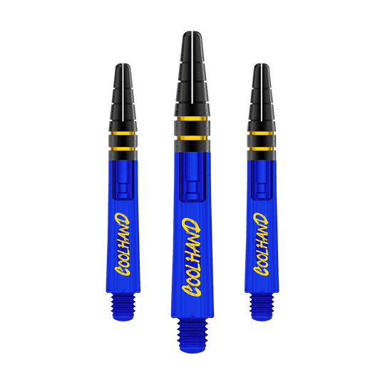 Red Dragon Nitrotech Luke Humphries Coolhand Shafts - Blue Das Bild zeigt drei blaue Dartschäfte mit der gelben Aufschrift "COOLHAND". Die Schäfte haben schwarze und goldene Akzente am oberen Ende.