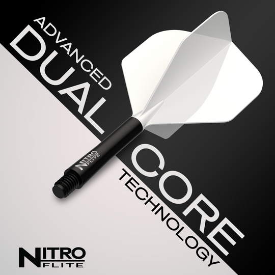 Red Dragon Nitroflite Black Shaft White Flights No2 Das Foto zeigt Red Dragon Nitroflite Black Shaft White Flights No2. Es ist ein Dart-Schaft in Schwarz und weiße Flights abgebildet.