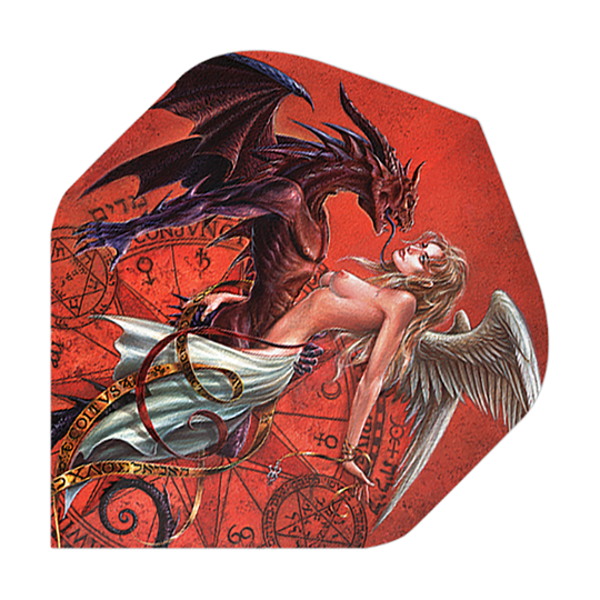 Alchemy Chemical Wedding No2 Standard Flights Das Bild zeigt eine kunstvolle Darstellung eines Drachens und eines Engels, die sich eng gegenüberstehen. Im Hintergrund sind mystische Symbole auf einem roten Untergrund zu sehen.