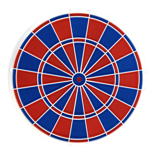 Karella E-Master spare part Das Bild zeigt eine runde Dartscheibe mit abwechselnd roten und blauen Segmenten. Die Segmente sind durch weiße Linien getrennt und die Scheibe hat einen weißen Rahmen.