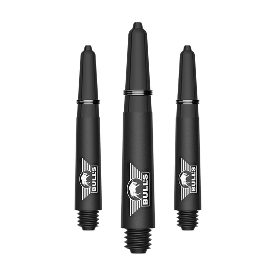 Ein Bild mit dem Dateinamen BU55340_BullsNL_Capo_Carbon_Shafts_Schwarz_Short_34mm_1Set. Es handelt sich vermutlich um ein Set aus kurzen schwarzen Carbon-Shafts für Darts.