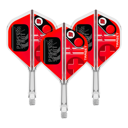 Auf dem Bild ist ein Set Flights für Darts mit dem Namen 410585 Target K-Flex PressStart No2 Standard 19mm zu erkennen. Es ist ein Produkt zur Ausstattung von Dartpfeilen.