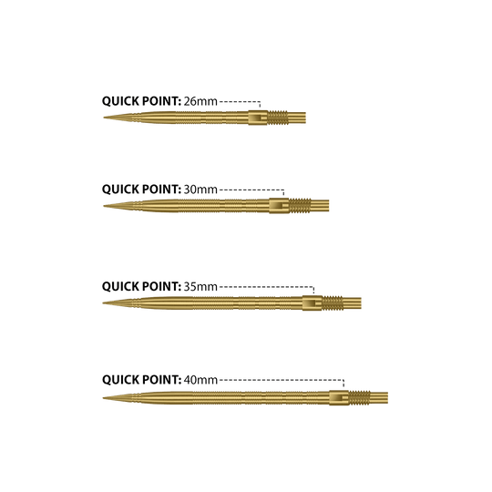 Das Bild zeigt Harrows Quick Point Micro Ridge Dartspitzen in Gold. Die goldene Farbe verleiht ihnen ein auffälliges Aussehen.