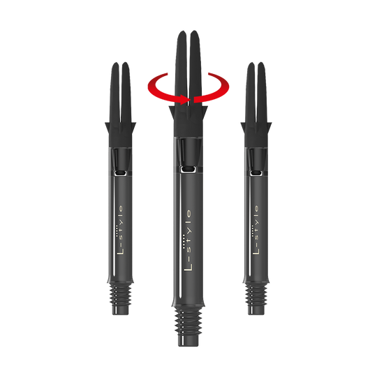 Das Bild zeigt drei schwarze Dart-Schäfte der Marke L-Style in einer geraden Anordnung. Über dem mittleren Schaft befindet sich ein roter Pfeil, der eine Drehbewegung anzeigt.