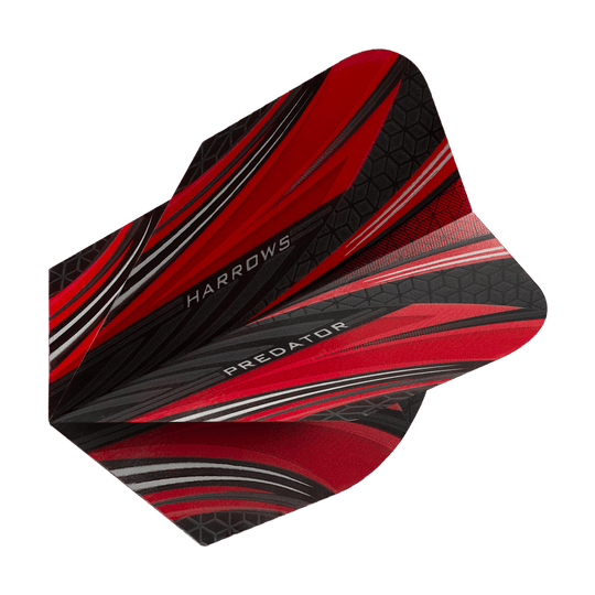 Das Bild zeigt die Harrows Prime Predator Rot No2 Standard Flights für Dartpfeile. Das Design ist überwiegend rot mit schwarzen und grauen Akzenten sowie auffälligen Mustern.