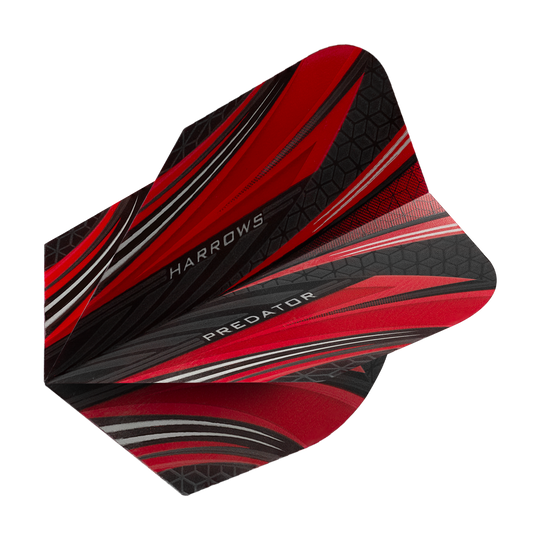 HR7518_Harrows_Prime_Predator_Rot_No2_Standard_Flights_2 Das Bild zeigt die Harrows Prime Predator Rot No2 Standard Flights für Dartpfeile. Das Design ist überwiegend rot mit schwarzen und grauen Akzenten sowie auffälligen Mustern.