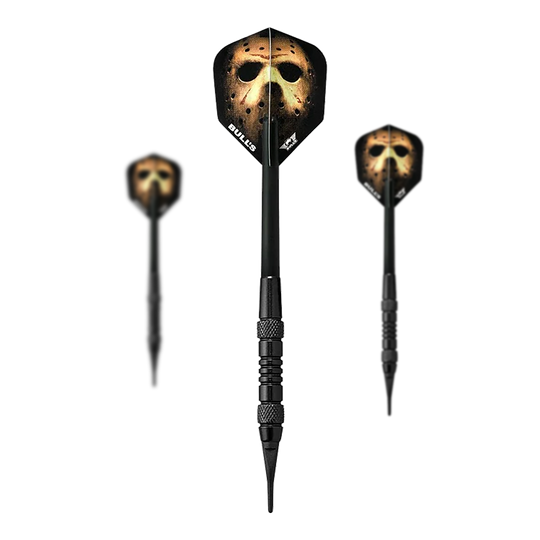 Hier sieht man das Set Bulls NL Thriller Black Brass Softdarts - 18g. Das Set umfasst mehrere Softdarts in schwarzer Optik.