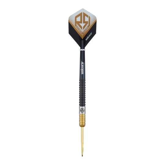 Unicorn Ross Smith Two-Tone Steel Darts Das Bild zeigt einen Steeldart namens "Unicorn Ross Smith Two-Tone". Der Dartpfeil hat ein schwarz-goldenes Design und das Unicorn-Logo auf den Flights.