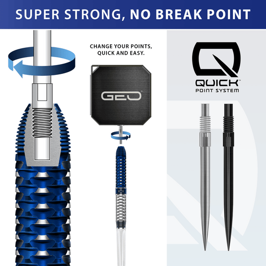 Hier sieht man die Harrows GEO Parallel Quick Point Steeldarts. Die Gestaltung und das Design des Produkts werden deutlich.