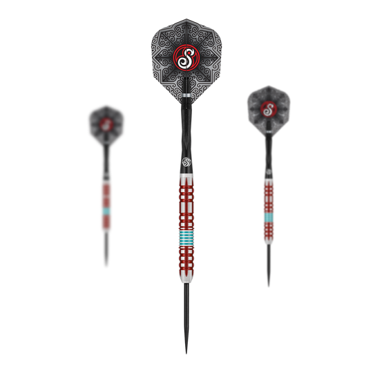 Shot Collab Pro Series Josh Pearson Steeldarts - 23g. Das Bild zeigt ein Set von Steeldarts mit einem Gewicht von 23 Gramm.