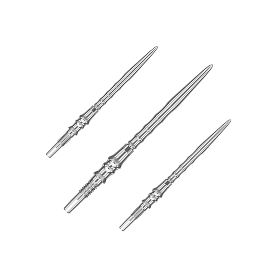 Target Japan Premium Swiss Point Dart Tips - Silver Das Bild zeigt ein Set silberner SwissPoint-Dartspitzen mit 35 mm Länge. Diese Dartspitzen stammen aus der Target Japan Premium Kollektion.