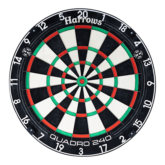 Harrows Quadro 240 steel dartboard Das Bild zeigt ein Harrows Quadro 240 Steeldartboard. Die Dartscheibe hat farbige Segmente in Schwarz, Weiß, Rot und Grün.