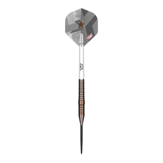 Abgebildet ist der Bulls NL Max Hopp E5 Steeldarts. Der Dartpfeil hat ein modernes Design und eignet sich für Steeldart-Spieler.