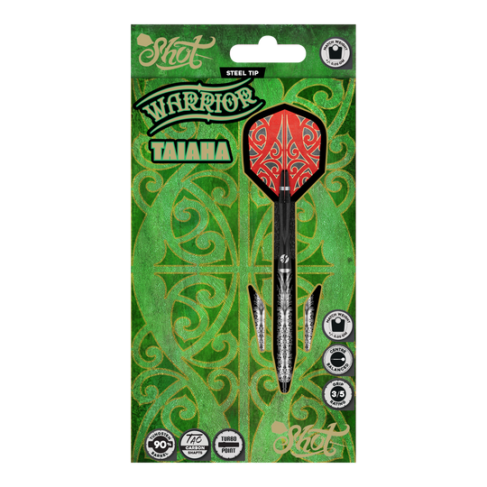 Shot Warrior Taiaha Turbo Point Steeldarts Shot Warrior Taiaha Turbo Point Steeldarts sind Dartpfeile mit kunstvollem Griffbereich. Sie liegen ordentlich nebeneinander.