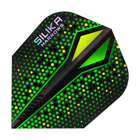 Harrows Silika Colorshift Tough Crystalline Coating Green-X No6 Flights Das Bild zeigt ein Dart Flight mit dem Namen „Harrows Silika Colourshift Tough Crystalline Coating Green-X No6“. Es hat ein auffälliges Design mit grünen und gelben Hexagon-Mustern auf schwarzem Hintergrund.