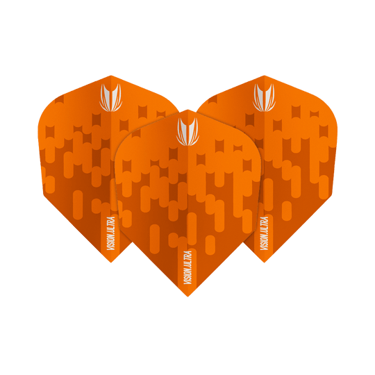 TG61_333810_Target_Vision_Ultra_Orange_Ten-X_Flights_1FJknTlmfgcNnL Das Bild zeigt drei orangefarbene Dartflights mit dem Namen "Target Vision Ultra Orange Ten-X Flights". Sie haben ein abstraktes Muster und ein weißes Logo oben.