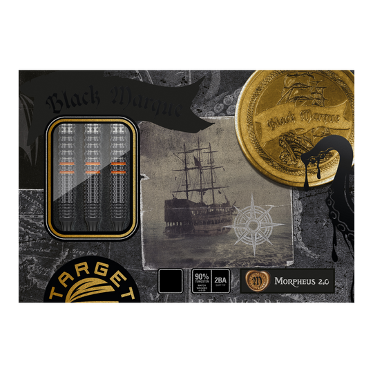 Das Bild zeigt die Verpackung der "Target Japan Black Marque Morpheus GEN2 Softdarts - 19g". Auf der Verpackung sind drei Darts, ein Segelschiff und ein goldener Münzen-Design zu sehen.