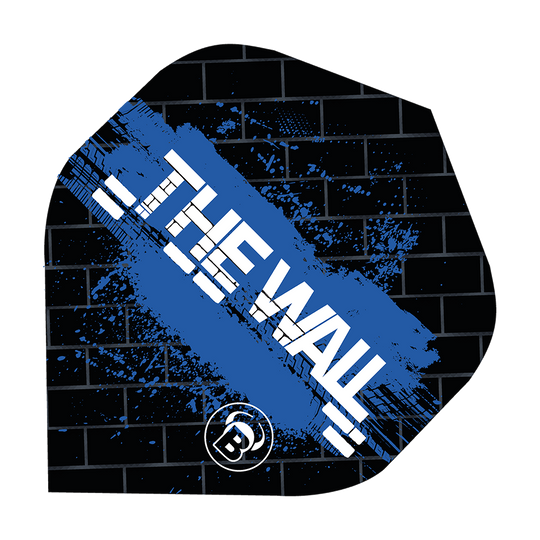 Bulls B-Star Martin Schindler Black Blue No2 Standard Flights Das Bild zeigt ein Dartflight im schwarzen und blauen Design mit der Aufschrift "THE WALL". Im Hintergrund ist ein Ziegelmuster zu sehen, und unten befindet sich ein rundes Logo mit einem "B".