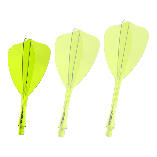 Das Bild zeigt ein Dartshaft- und Flight-System in Neongelb mit einer Länge von 22 mm. Es handelt sich um das 'Fusion Flight Shaft System Arrow' von Winmau.