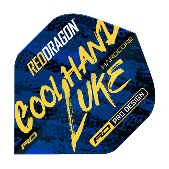 TF6864_Red_Dragon_Hardcore_Luke_Humphries_Signature_Blue_Standard_Flights_1 Das Bild zeigt das Produkt "Red Dragon Hardcore Luke Humphries Signature Blue Standard Flights". Die Flight ist blau mit gelber und weißer Schrift und auffälligem Design bedruckt.