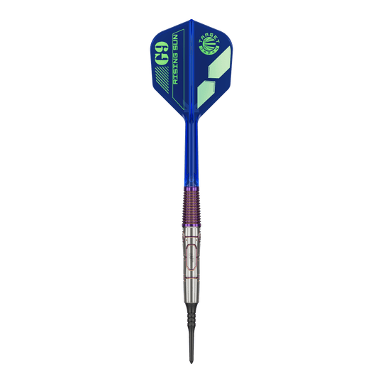 Target Japan Haruki Muramatsu Rising Sun GEN9 2BA Soft Darts - 21.5g Das Bild zeigt einen modernen Softdart mit blauem Flight und silber-lila Schaft. Auf dem Flight steht "G9 RISING SUN" und das Design wirkt sportlich und hochwertig.