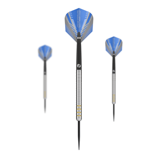 Das Bild zeigt die Shot Ritchie Edhouse Core Steeldarts. Es handelt sich um ein Set von hochwertigen Steeldarts für Dartspieler.