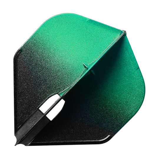 Das Bild zeigt eine Dart-Flight in zwei Farben: Grün und Schwarz. Die Oberfläche hat einen schimmernden, glitzernden Effekt.