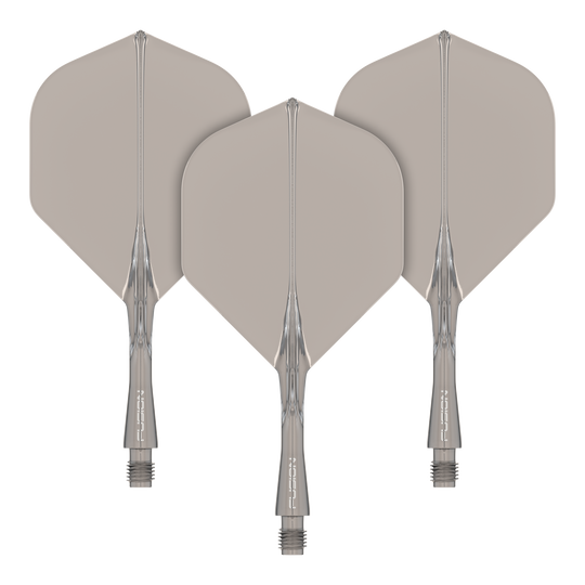 Winmau Fusion Flight Shaft System Standard Smokey Das Bild zeigt drei graue Dart-Flights mit transparenten Schäften. Sie sind ordentlich nebeneinander angeordnet und haben eine standardisierte Pfeilform.